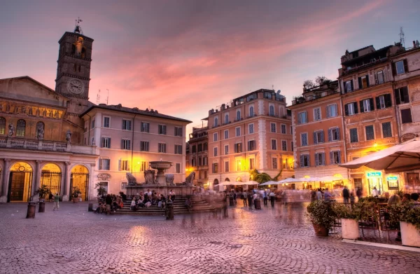 trastevere rome piazza santa maria evening outdoor dining